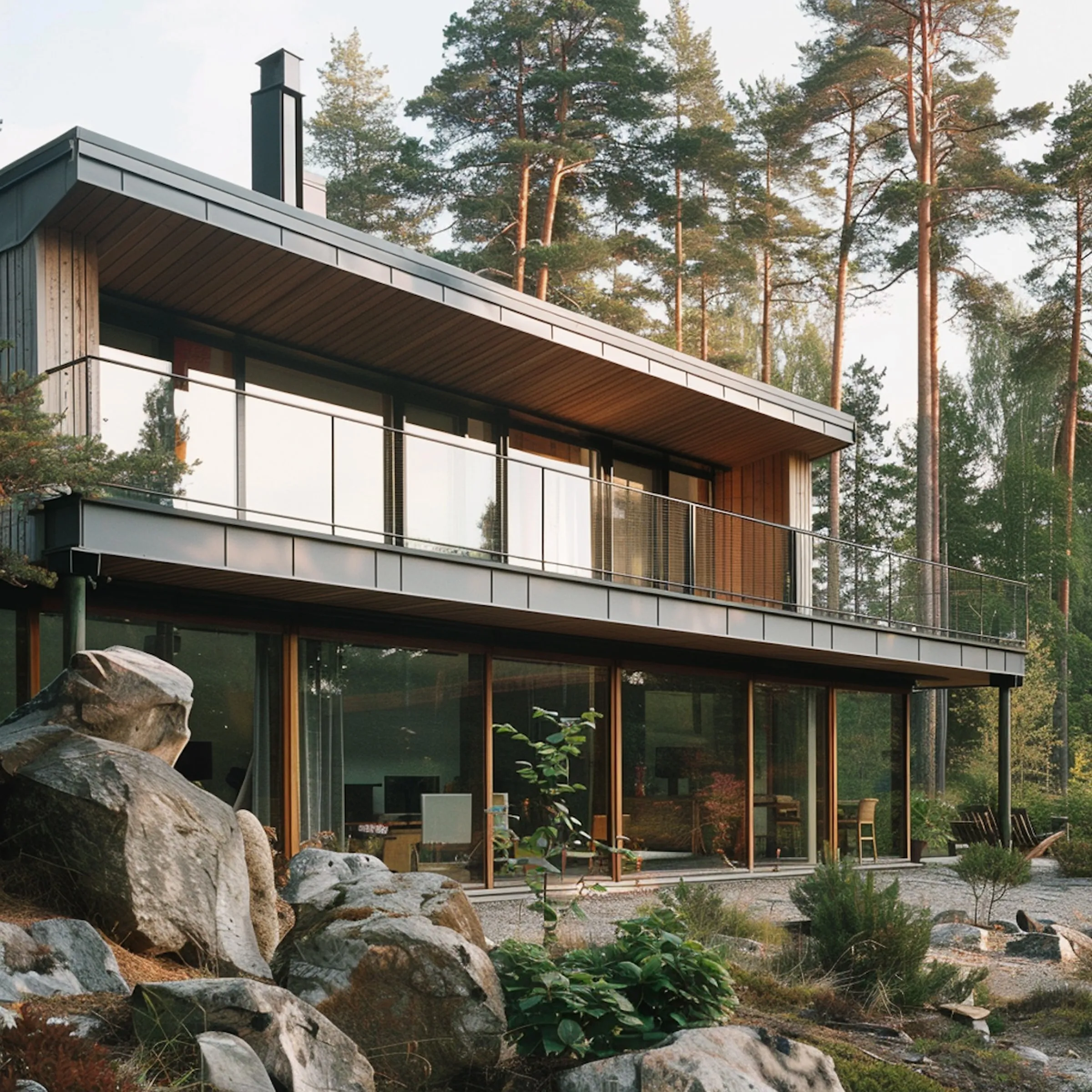 Exterior view of a modern two-story house with floor-to-ceiling glass facades, a wide cantilevered balcony with metal railings, and warm wood paneling on the ceiling and walls, surrounded by tall pine trees.