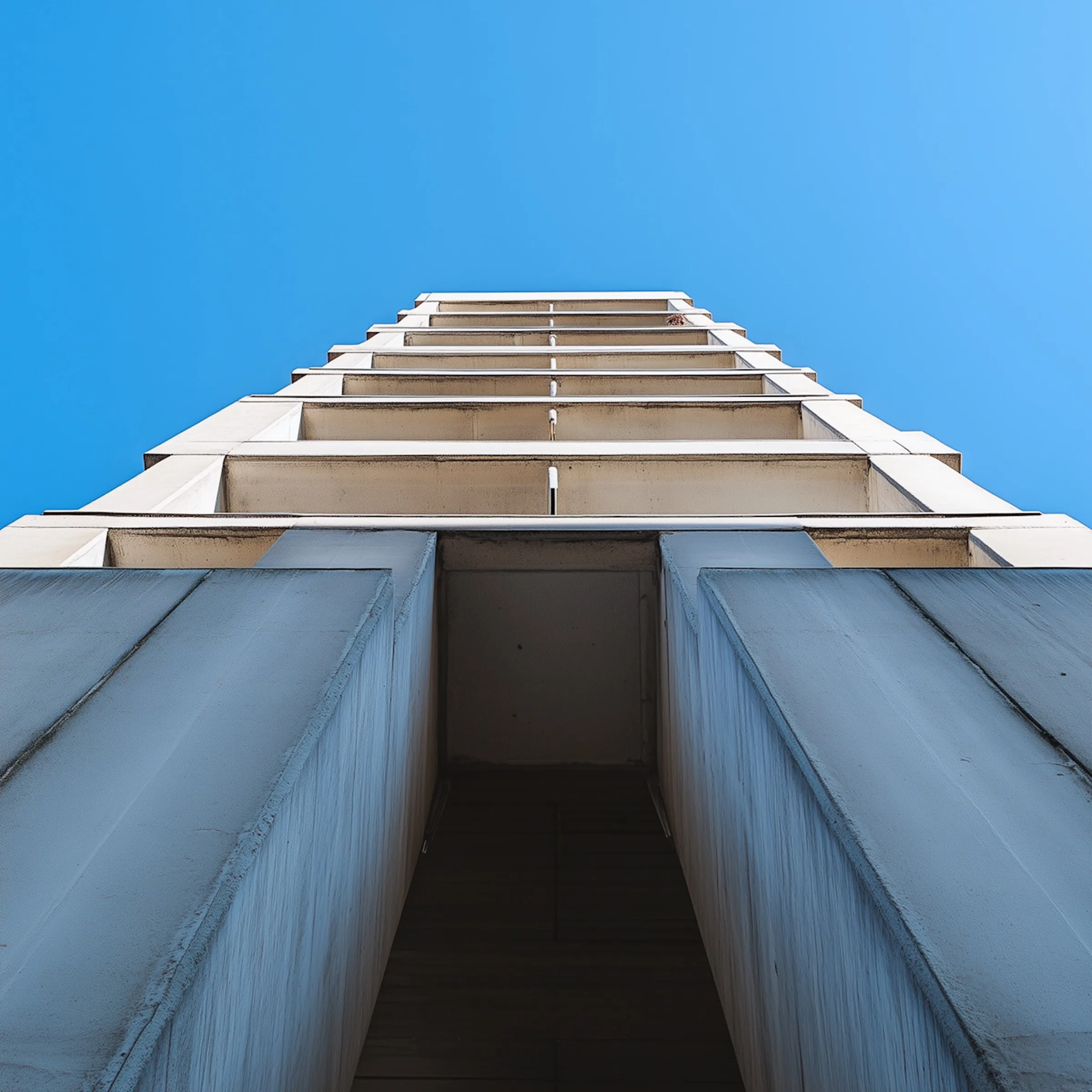 Low-angle worm's-eye view looking up the facade of a brutalist concrete high-rise tower against a clear blue sky