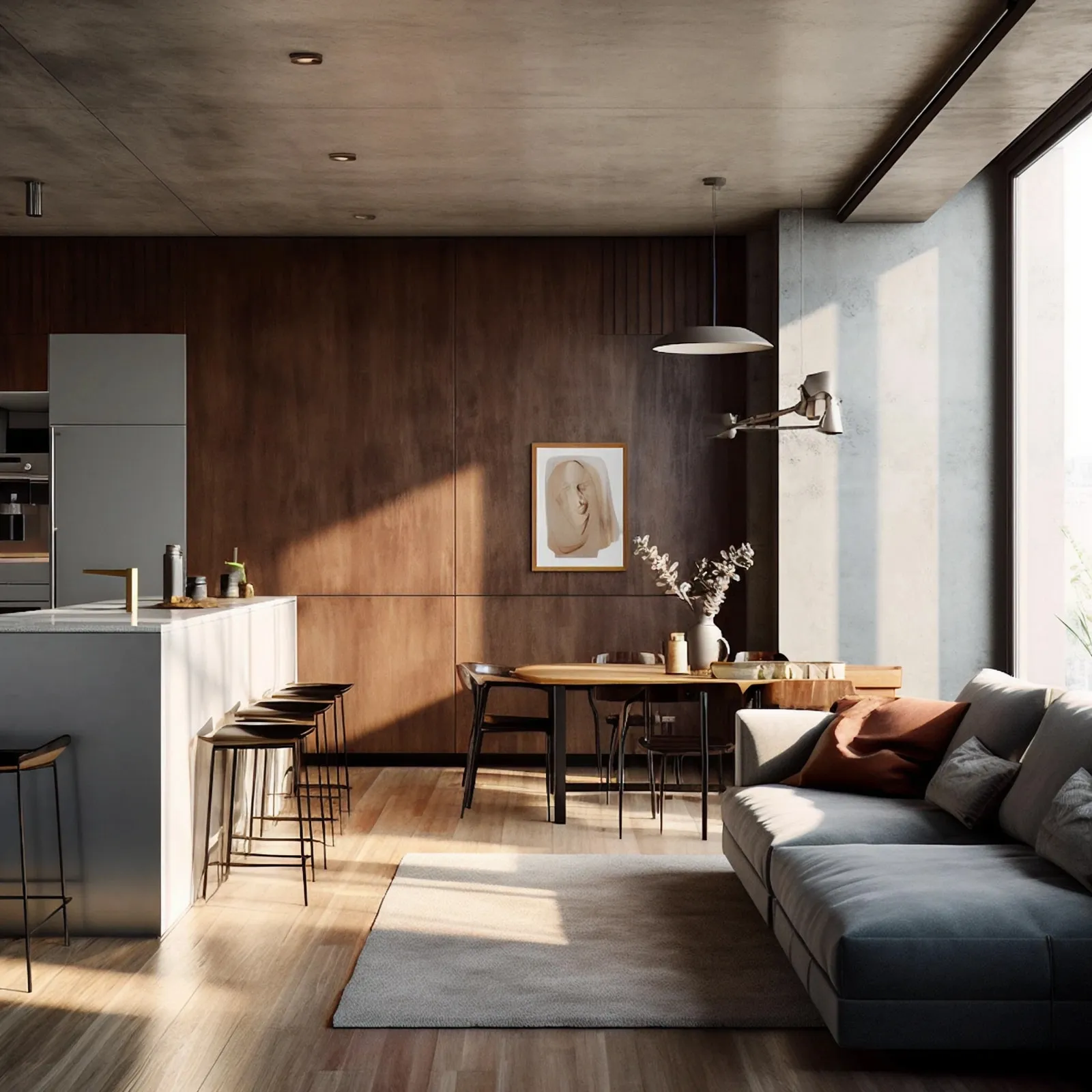 Open-plan living, dining, and kitchen interior with exposed concrete ceiling, dark walnut wood paneling, a kitchen island with bar stools, dining table with sculptural chairs, and a gray sectional sofa, bathed in natural light from floor-to-ceiling windows