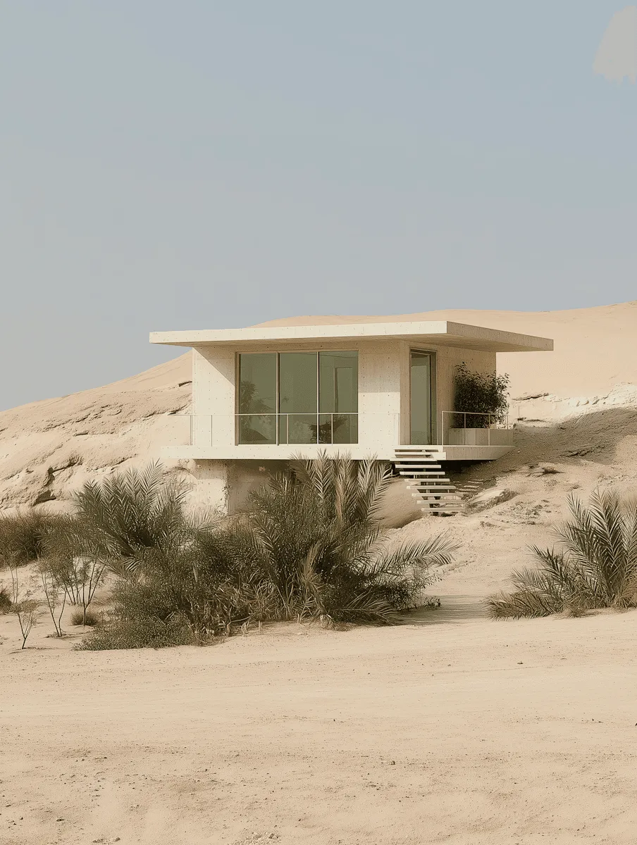 A low modern house among dune grasses